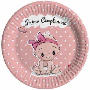 PIATTO COMPOSTAB. D.23cm PRIMO COMPLEANNO ROSA (8pz)